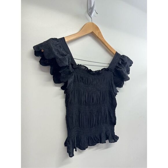 AQUA Eyelet Cropped Top Flutter Sleeve Size Extra Small Black 100% Cotton NWT - Picture 3 of 8